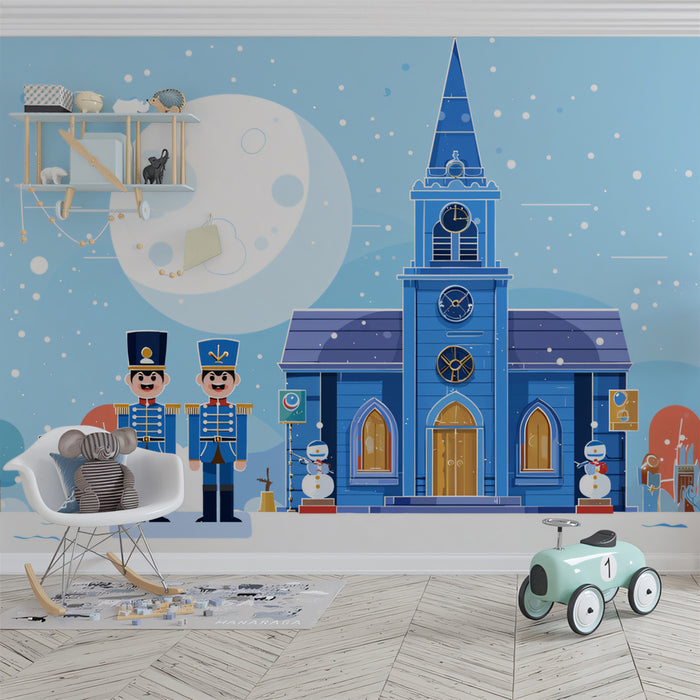 Iglesia nevada bajo la luz de la luna con papel tapiz de cascanueces | Noche invernal festiva