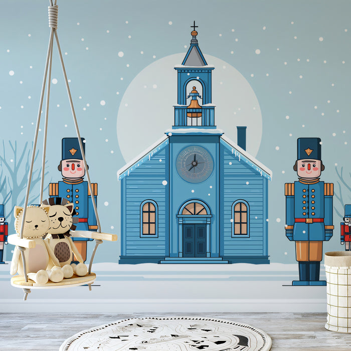 Pastel Winter Church with Toy Soldiers Wallpaper | Soft Snowy Scene