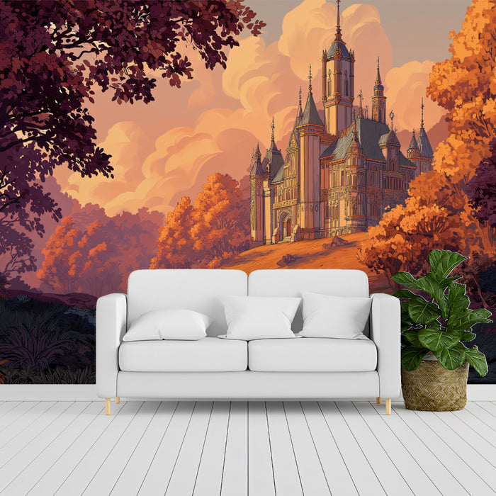 Autumnal Castle Landscape Wallpaper | Majestic Fortress in Fall Foliage
