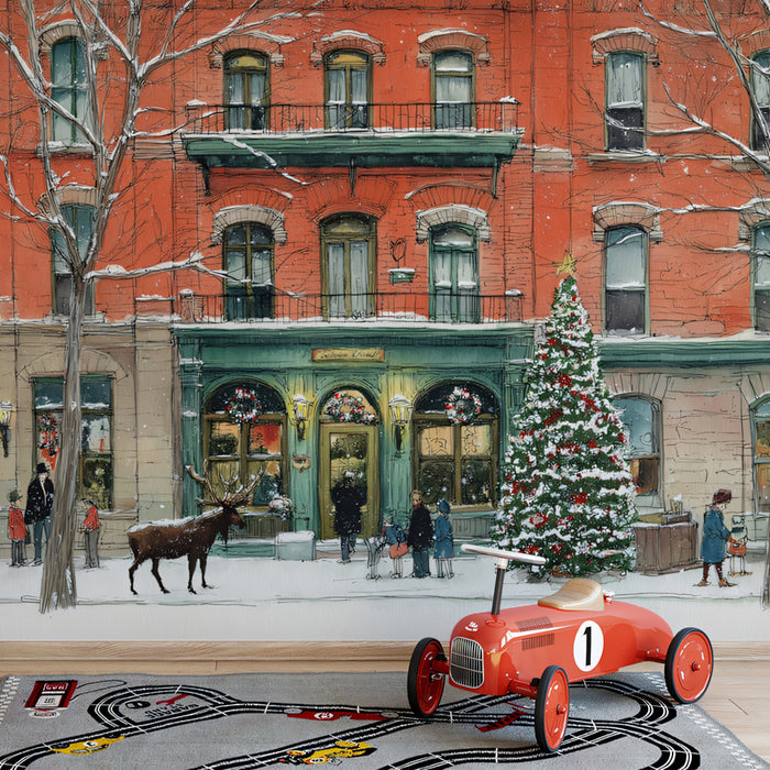 Elegant Snowy Town Square with Reindeer Wallpaper | Classic Christmas Scene