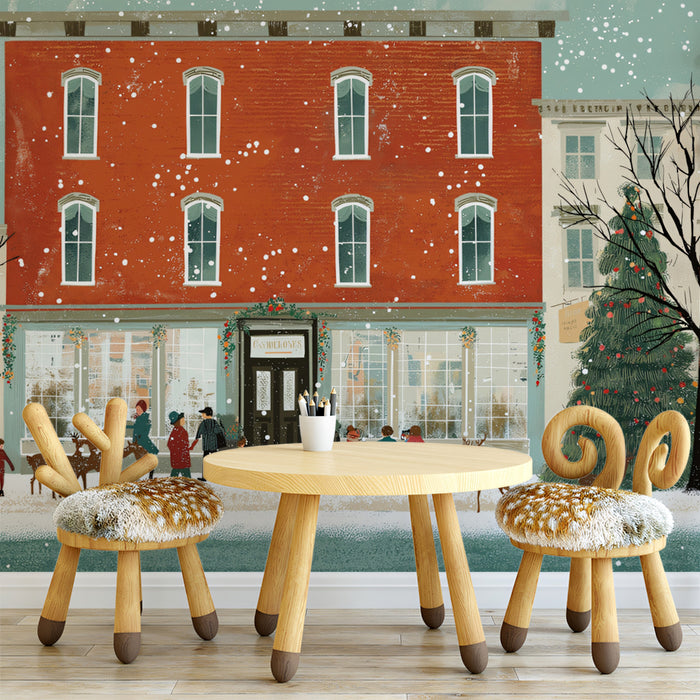 Festive Urban Winter Scene Wallpaper | Charming City Block with Deer