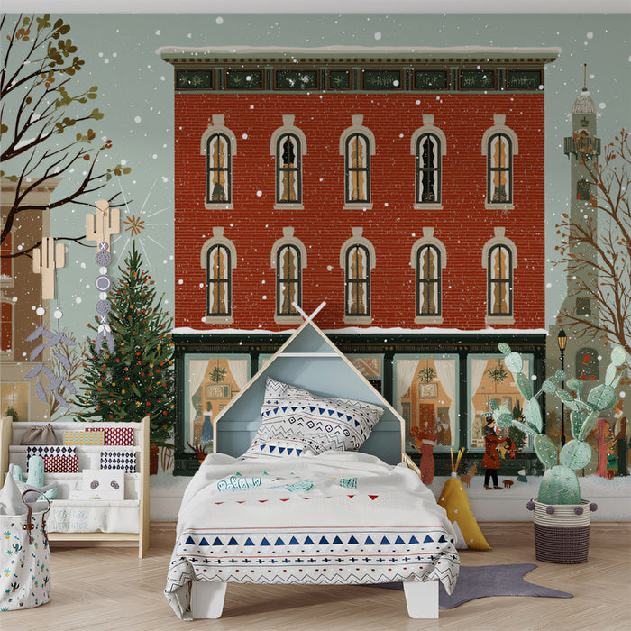 Lively Christmas Shopping Street Wallpaper | Snowy Holiday Town with Reindeer