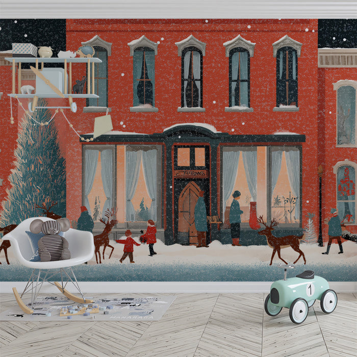 Cozy Christmas Night Street Wallpaper | Festive Town with Snow & Deer