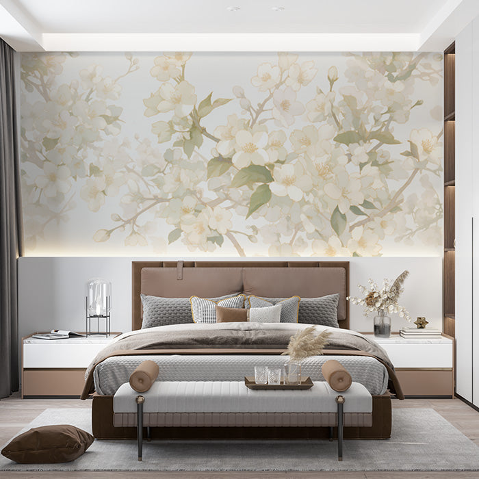 Floral Mural Wallpaper in Bedroom | Cream and Green Flowers