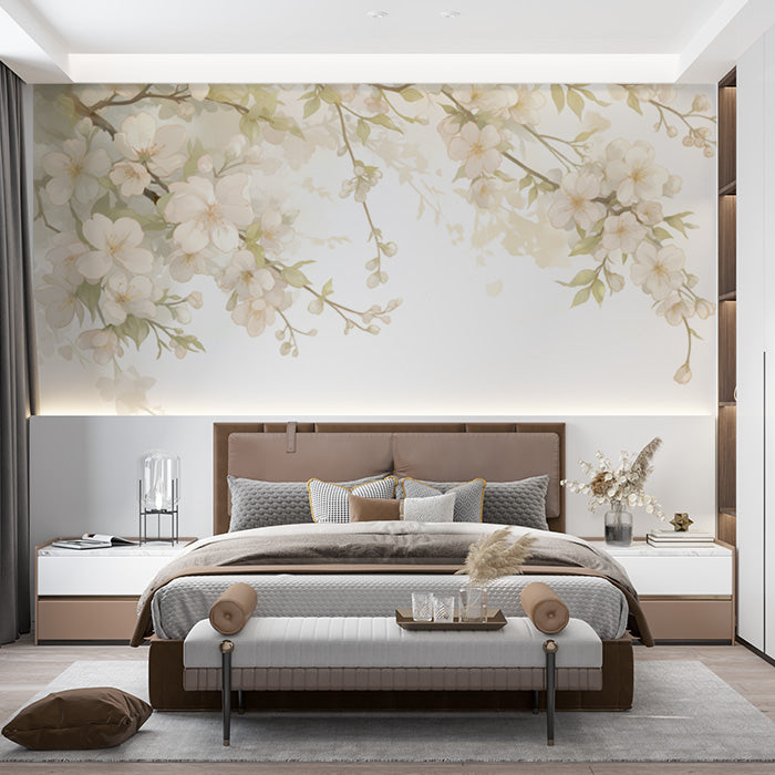 Floral Mural Wallpaper in Bedroom | Cream and Green Flowers -1