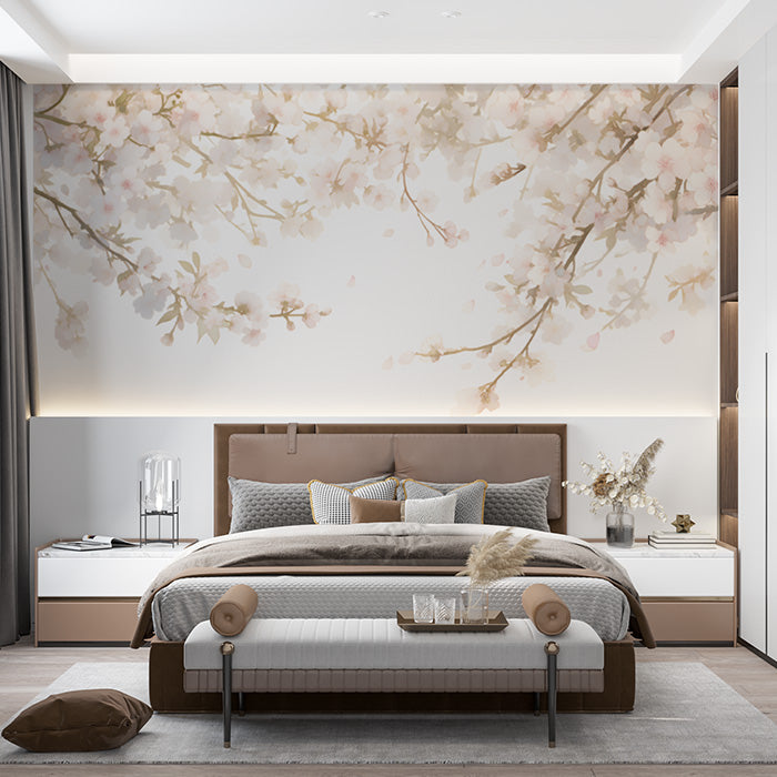 Floral Mural Wallpaper in Bedroom | Cream and Green Flowers -2
