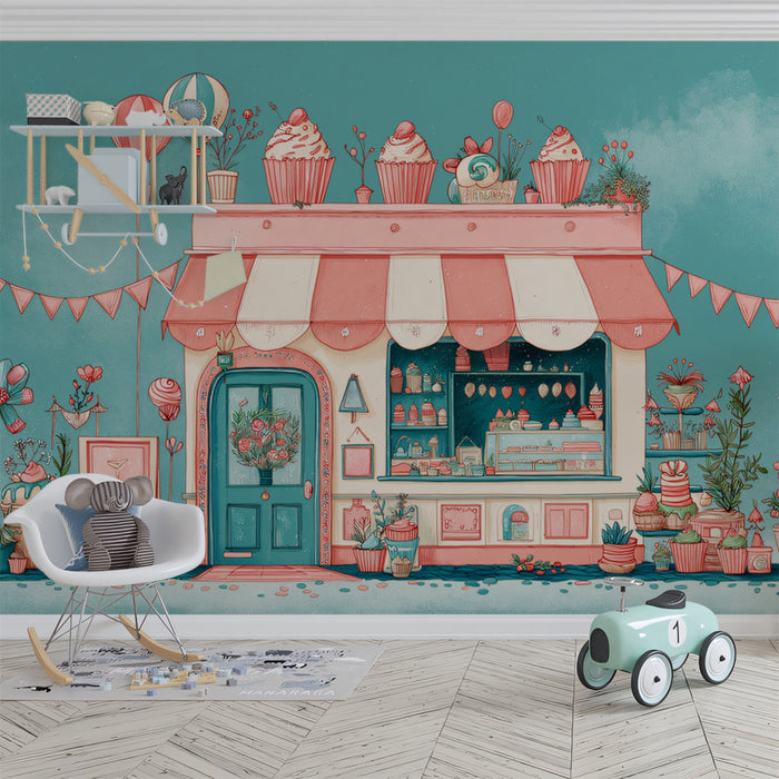 Festive Cupcake & Sweet Shop with Balloons Wallpaper | Cheerful Confectionery Boutique