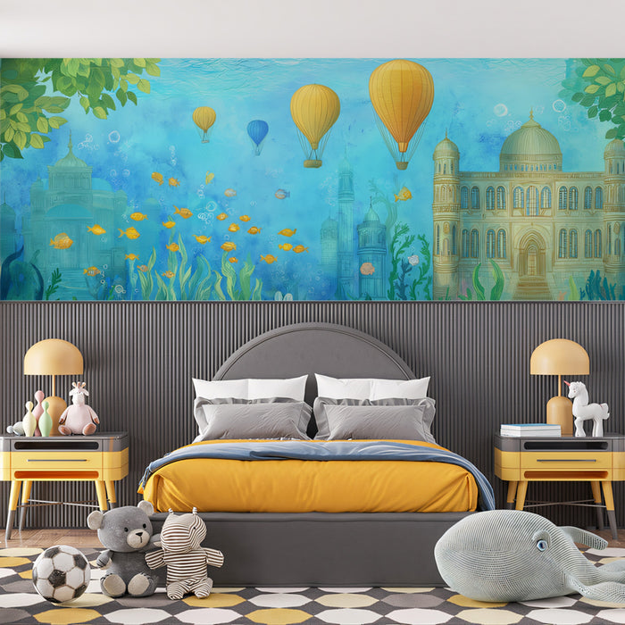 Underwater Castle Dreamscape Wallpaper | Whimsical Ocean Fantasy with Hot Air Balloons