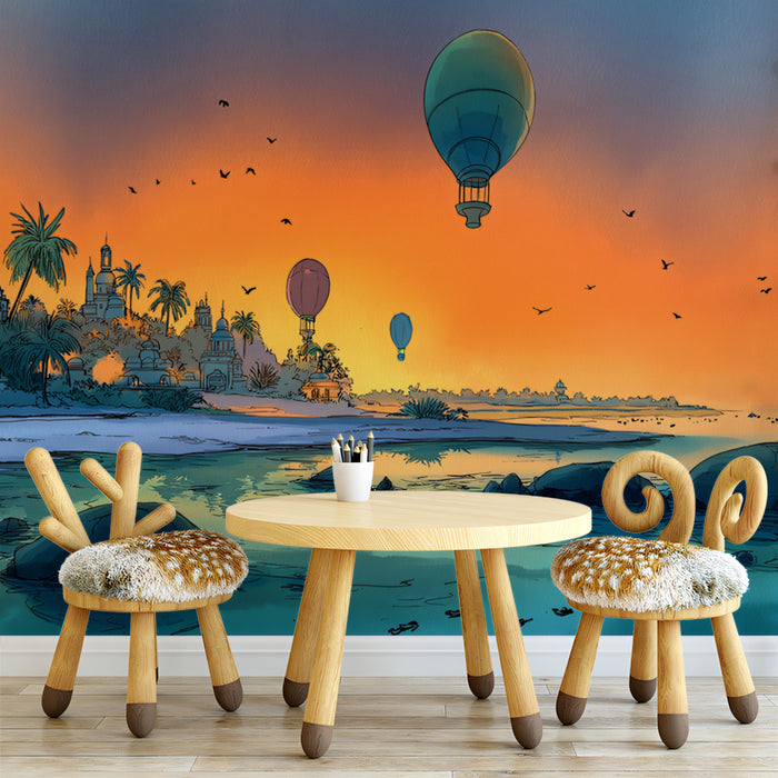 Tropical Sunset Hot Air Balloon Wallpaper | Exotic Beach & Island View