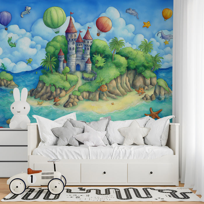 Whimsical Island Castle Dream Wallpaper | Playful Marine Life & Hot Air Balloons