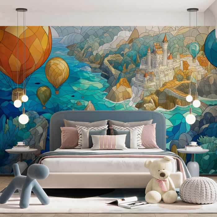 Stained Glass Ocean Castle Wallpaper | Whimsical Coastal Fantasy with Hot Air Balloons