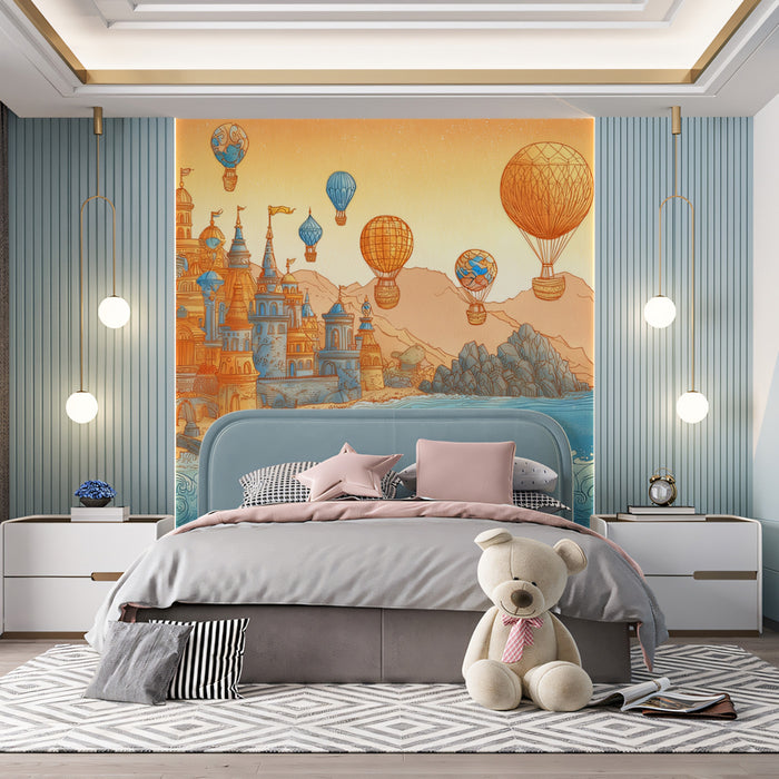 Sunlit Coastal Castle Wallpaper | Mediterranean Fantasy with Hot Air Balloons