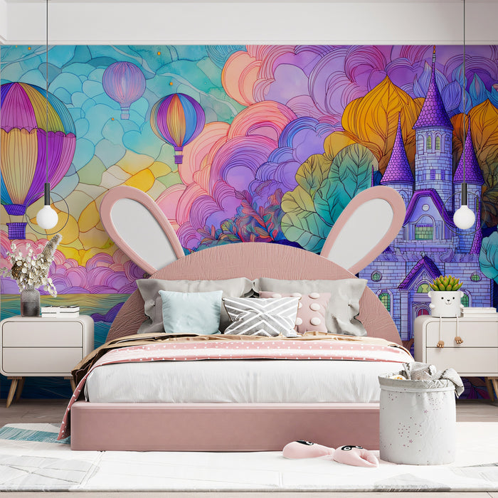 Psychedelic Coastal Castle Wallpaper | Vibrant Hot Air Balloons & Dreamy Sky
