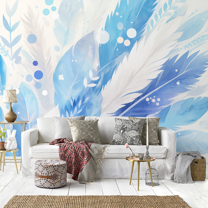 Blue Feather Mural Wallpaper in Living Room | Blue and White Feathers