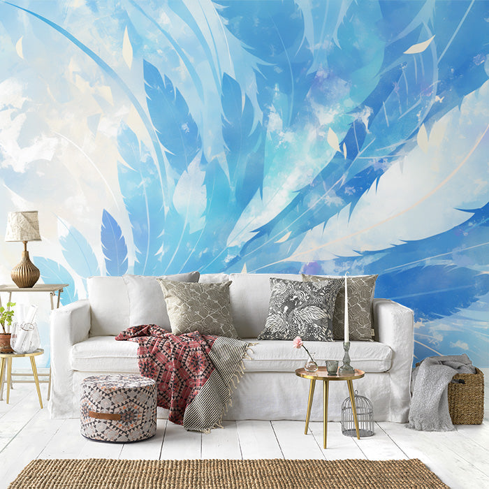 Blue Feather Mural Wallpaper in Living Room | Blue and White Feathers -1