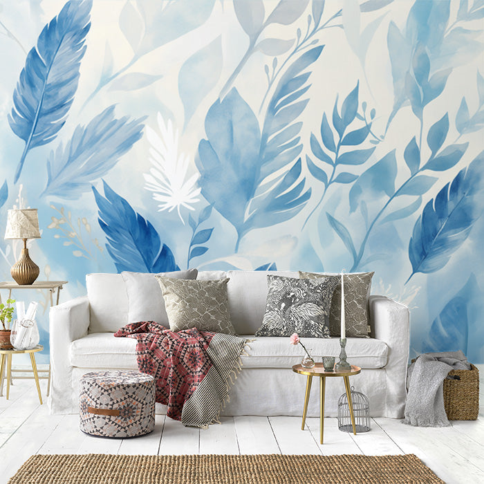 Blue Feather Mural Wallpaper in Living Room | Blue and White Feathers -3