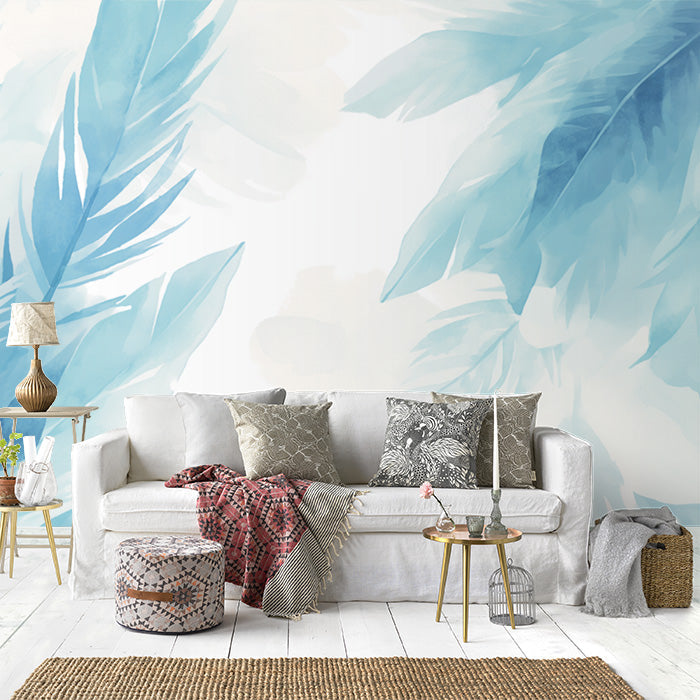 Blue Feather Mural Wallpaper in Living Room | Blue and White Feathers -4