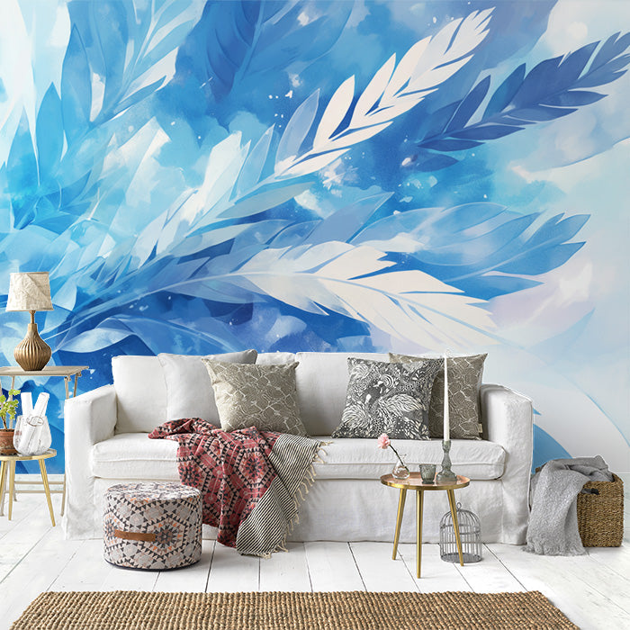 Blue Feather Mural Wallpaper in Living Room | Blue and White Feathers -5