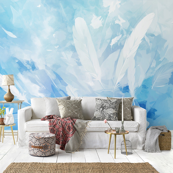 Blue Feather Mural Wallpaper in Living Room | Blue and White Feathers -6
