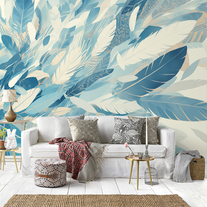 Blue Feather Mural Wallpaper in Living Room | Blue and White Feathers -7