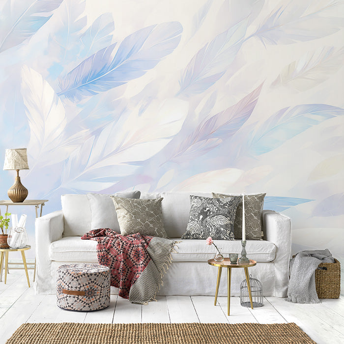 Blue Feather Mural Wallpaper in Living Room | Blue and White Feathers -8