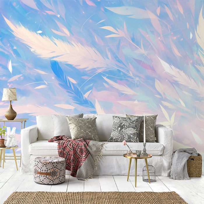 Blue Feather Mural Wallpaper in Living Room | Blue and White Feathers -9