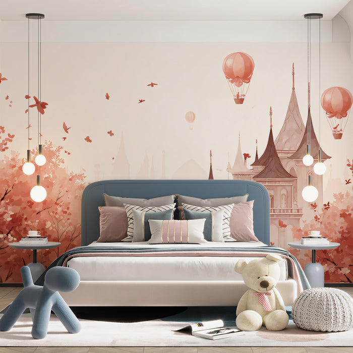 Ethereal Autumn Castle Wallpaper | Dreamy Fall Landscape with Hot Air Balloons