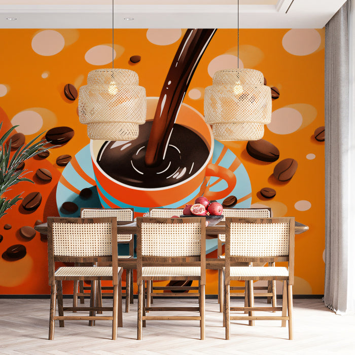 Playful Coffee Pour Pop Art Wallpaper | Vibrant Orange & Blue Coffee Scene