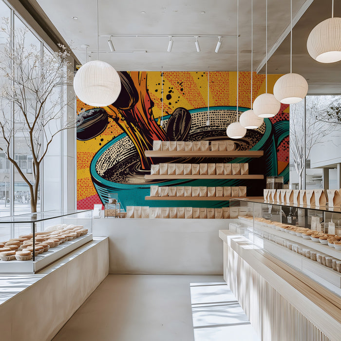 Dynamic Coffee Pour Pop Art Wallpaper | Bold & Energetic Coffee Scene