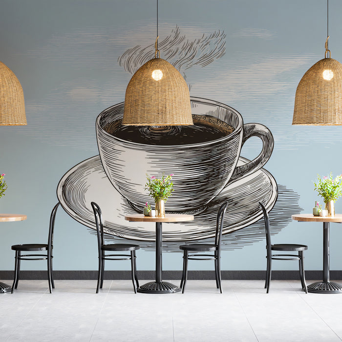 Hand-Drawn Steaming Coffee Cup Wallpaper | Vintage Etched Cafe Art