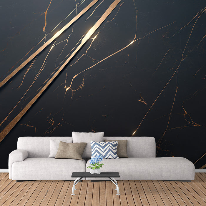 Black and Gold Marble Mural Wallpaper in Living Room | Black and Gold Marble