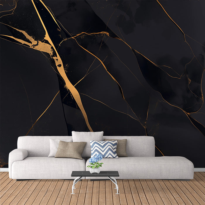Black and Gold Marble Mural Wallpaper in Living Room | Black and Gold Marble -3