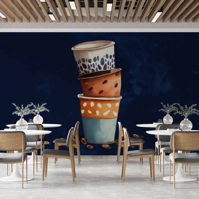 Stacked Coffee Cups Pattern Wallpaper | Cozy Cafe Design