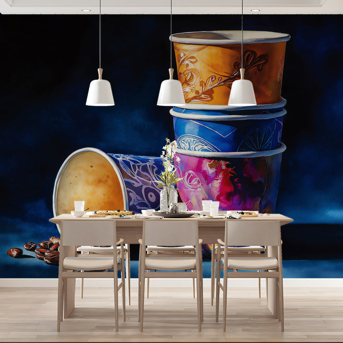 Artistic Coffee Cup Stack Wallpaper | Modern Cafe Design with Coffee Beans