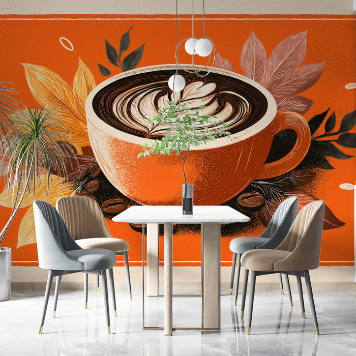 Vibrant Orange Latte Art Wallpaper | Cozy Autumn Coffee Scene