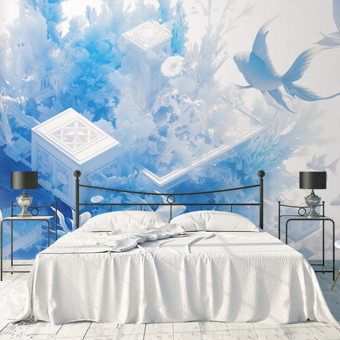 Blue Aquarium Mural Wallpaper in Bedroom | Blue and White Aquarium