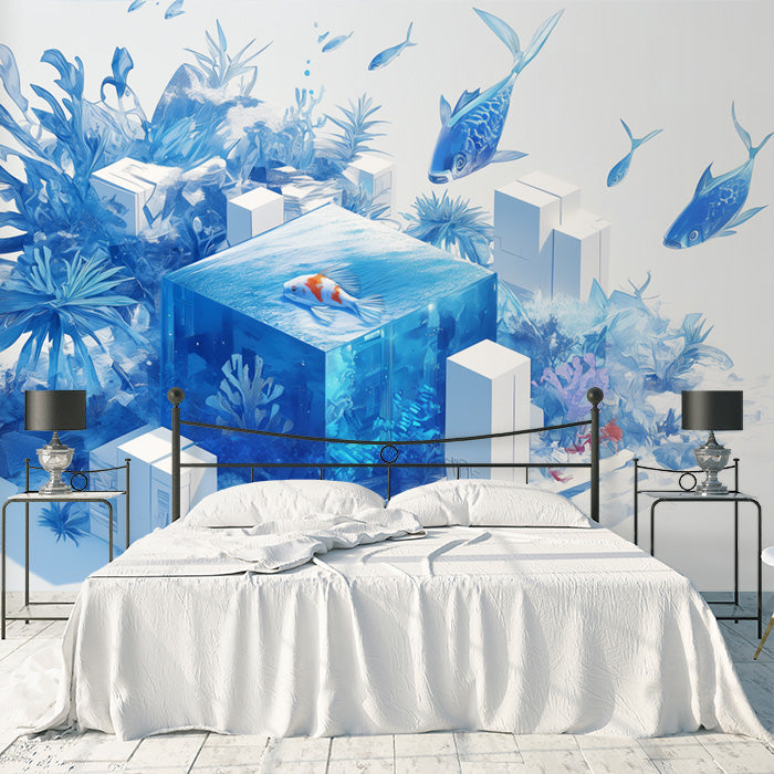 Blue Aquarium Mural Wallpaper in Bedroom | Blue and White Aquarium -1