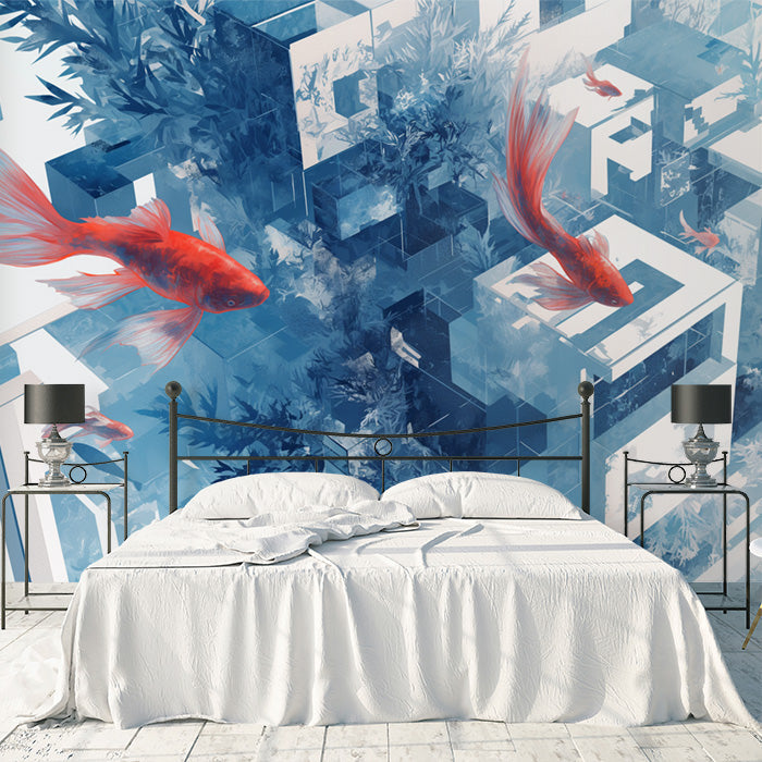 Blue Aquarium Mural Wallpaper in Bedroom | Blue and White Aquarium -2