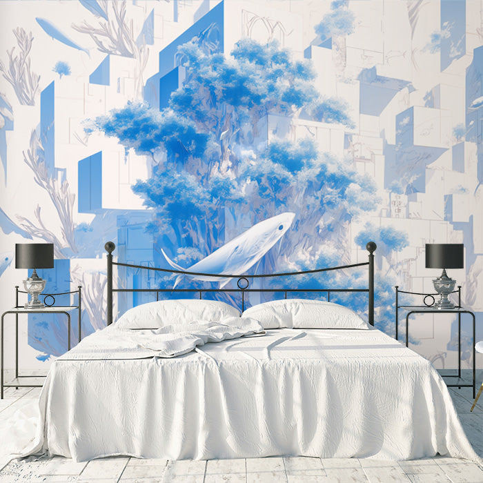 Blue Aquarium Mural Wallpaper in Bedroom | Blue and White Aquarium -3