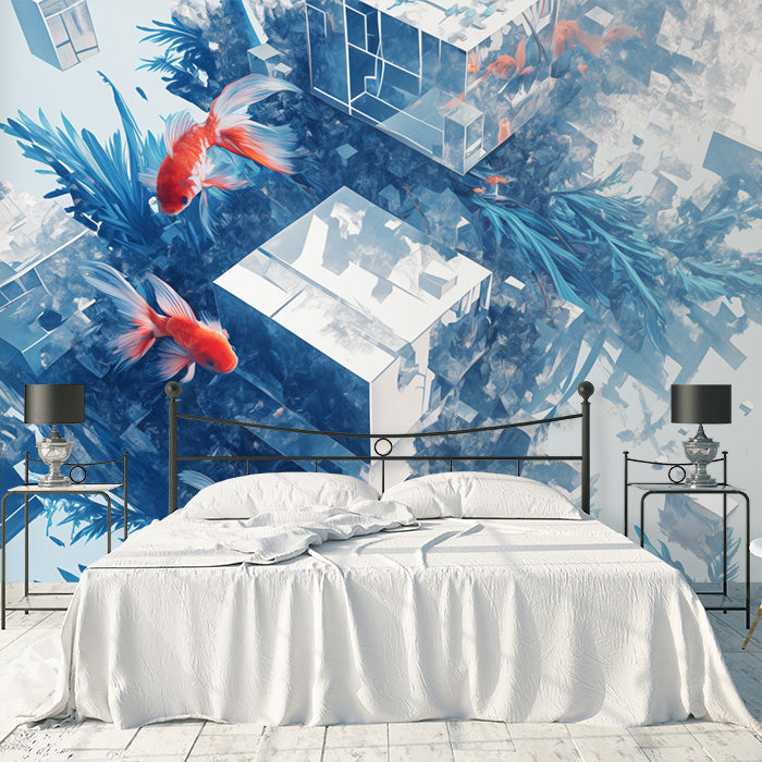 Blue Aquarium Mural Wallpaper in Bedroom | Blue and White Aquarium -4