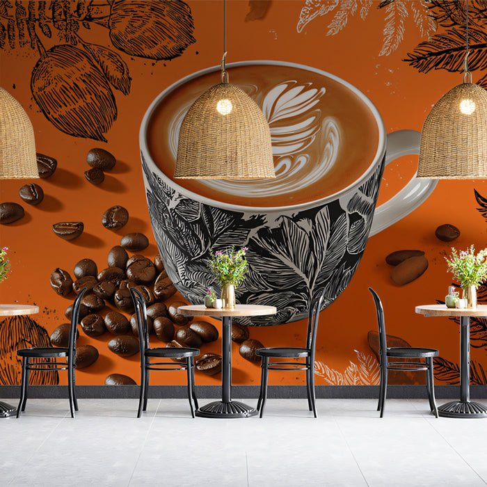 Bold Latte Art Wallpaper | Graphic Coffee Design with Autumn Leaves