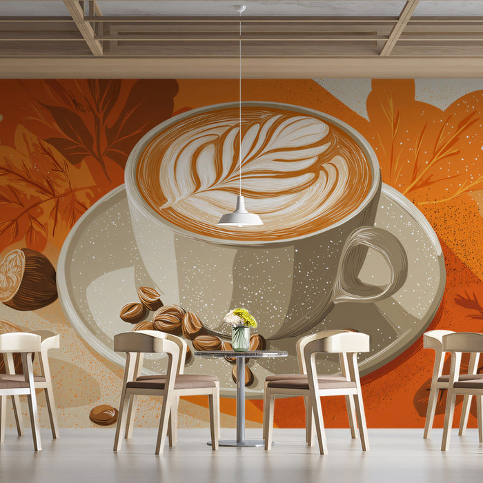 Fondo de pantalla de arte latte de otoño sereno | Café acogedor con hojas de otoño