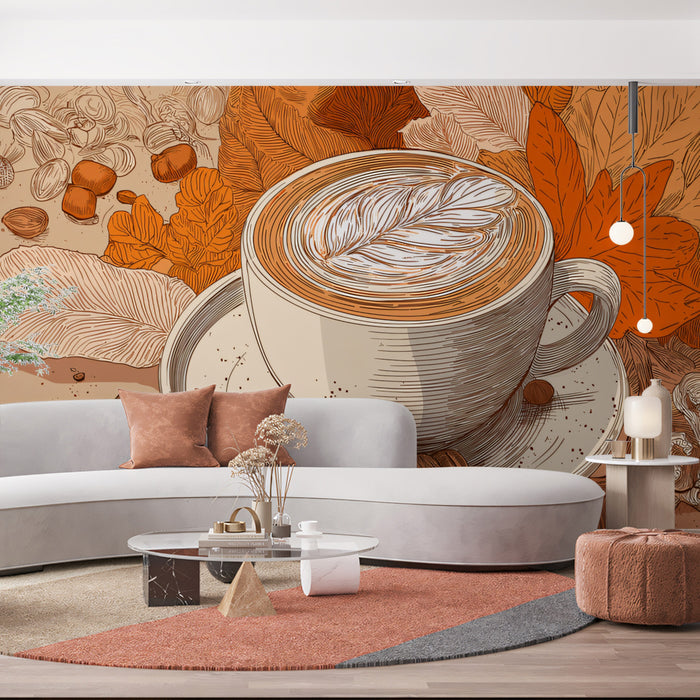 Artistic Fall Latte Illustration Wallpaper | Warm Coffee & Autumn Harvest
