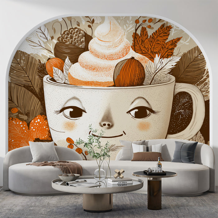 Cozy Autumn Mug Character Wallpaper | Smiling Hot Beverage with Fall Leaves