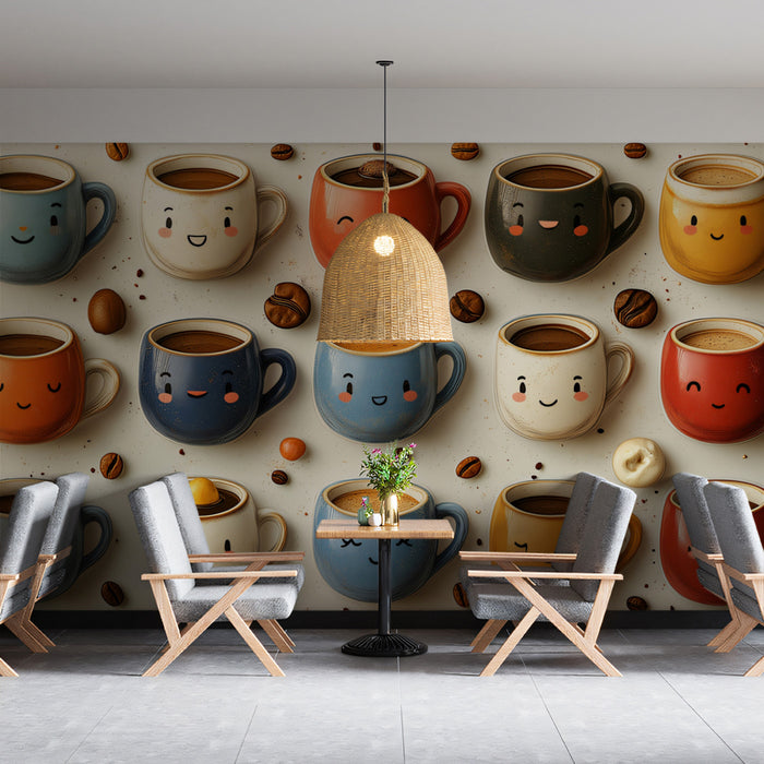 Cheerful Coffee Mug Faces Wallpaper | Happy Beverage Collection