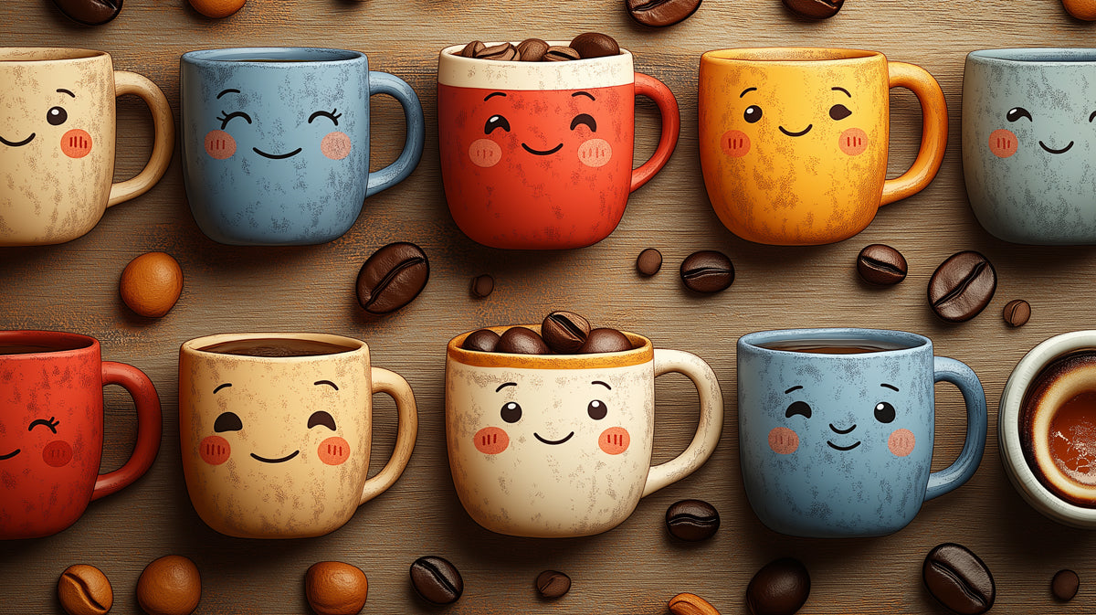 Personaggi Giocosi di Tazze da Caffè Sfondo | Amici delle Bevande Carini e Colorati