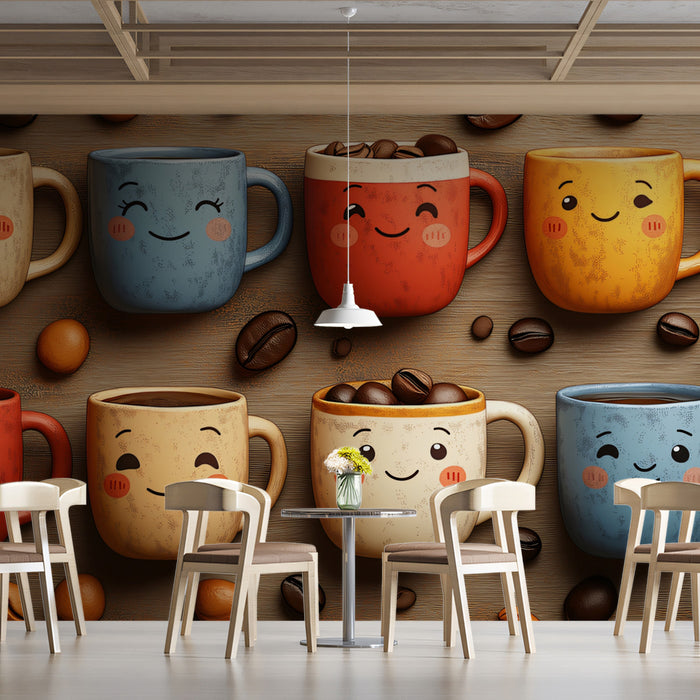 Fondo de pantalla de personajes de tazas de café juguetonas | Amigos de bebidas lindos y coloridos