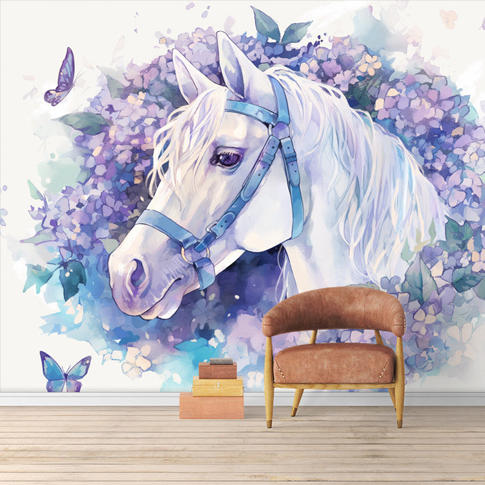Horse and Floral Mural Wallpaper in Room | Purple, Blue and White Horse