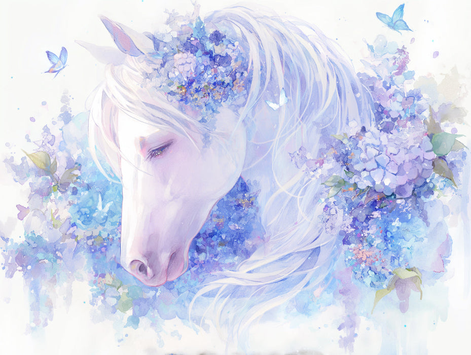 Carta da parati murale a tema cavalli e fiori per la sala giochi | Cavallo viola, blu e bianco