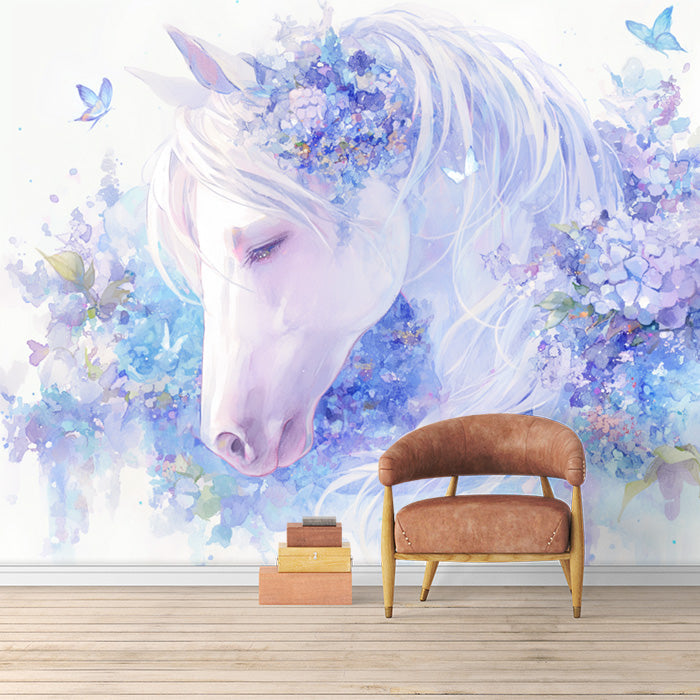 Horse and Floral Mural Wallpaper in Room | Purple, Blue and White Horse -2